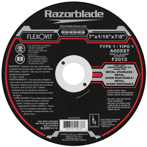 Flexovit A46RB50 Cut-Off Wheel, 7" x 1/16" x 7/8" Type 1