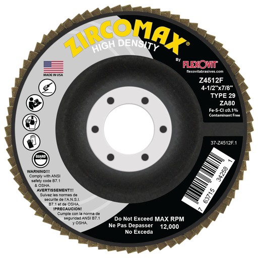 Flexovit Z4512F ZIRCOMAX 4-1/2 Inch x 7/8 Inch Type 29 Flap Disc, 80 Grit, Extra Long Life