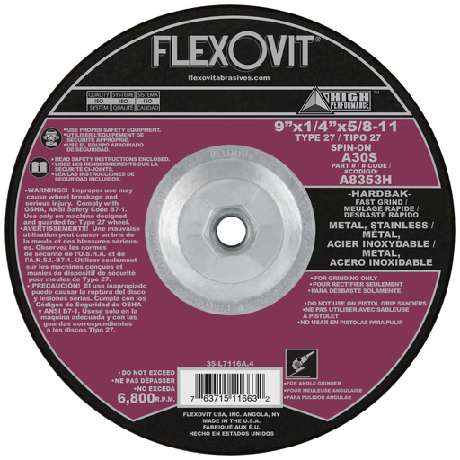 Flexovit A8353H 9 Inch Type 27 Grinding Wheel, Aluminum Oxide, 1/4 Inch Thick, Max RPM 6800