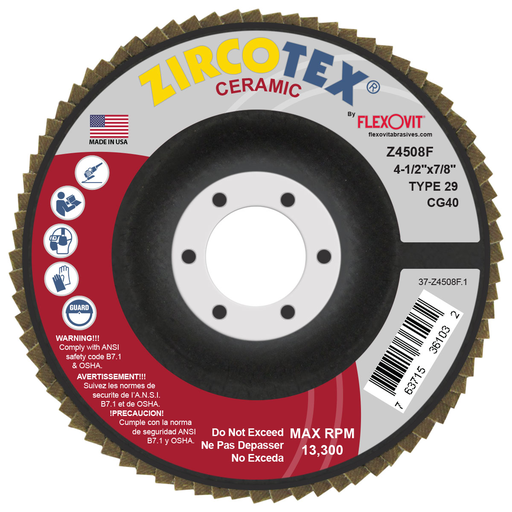 Flexovit Z4508F ZIRCOTEX Ceramic Flap Disc 4-1/2 Inch x 7/8 Inch, 40 Grit, MAX RPM 13300