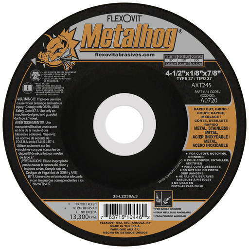 Flexovit AXT24S Cut-Off Wheel, 4 1/2" x 1/8" x 7/8" Type 27