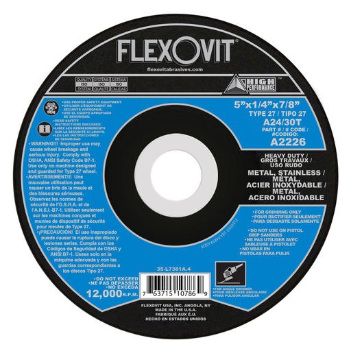 Flexovit A2226 HIGH PERFORMANCE Type 27 Depressed Center Grinding Wheel 24-Grit