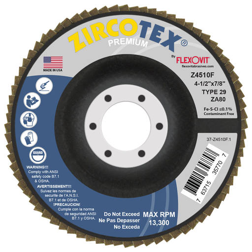 Flexovit Z4510F 4-1/2 Inch Type 29 Flap Disc, Zirconia Alumina, 80 Grit, 7/8 Inch Arbor