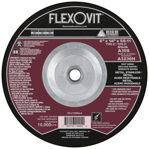 Flexovit A3236H 6 Inch Type 27 High Performance Grinding Wheel, 1/4 Inch Thick, Aluminum Oxide