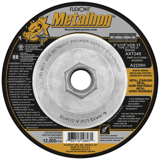 Flexovit A2230H 5 Inch T-27 AXT24S Grinding Wheel, 1/4 Inch Thick, 5/8-11 Arbor, 12000 RPM