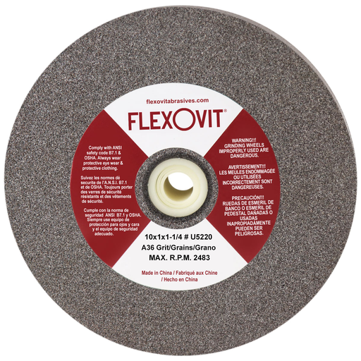 Flexovit U5220 10 Inch x 1 Inch x 1-1/4 Inch Type 1 Bench Grinder Wheel, Grit Aluminum Oxide, 2483 RPM Max