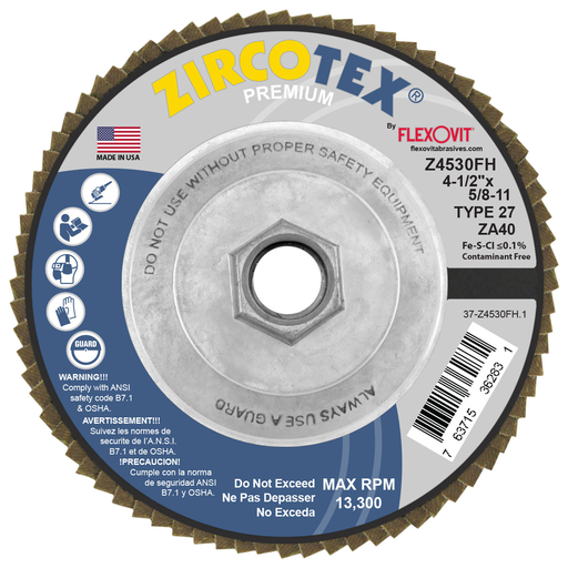 Flexovit Z4530FH ZIRCOTEX 4-1/2 Inch Type 27 40 Grit Flap Disc, 5/8-11 Arbor, Max RPM 13300