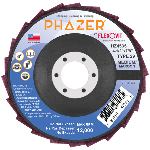 Flexovit HZ4535 PHAZER 4-1/2 Inch x 7/8 Inch Medium Maroon Non-Woven Flap Disc, 12000 Max RPM