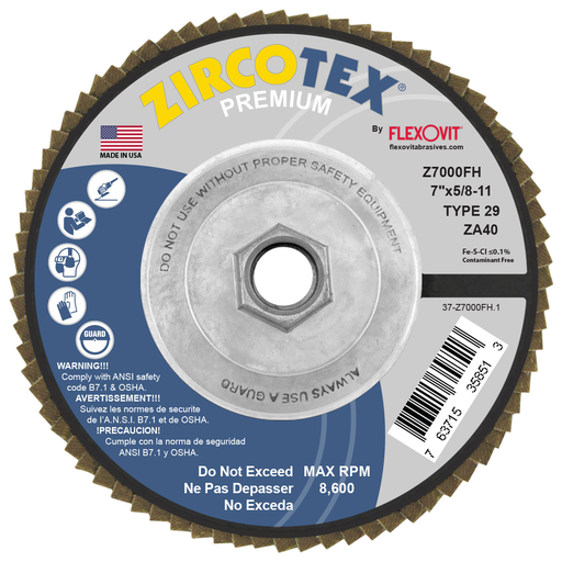 Flexovit Z7000FH 7 Inch T-29 Zirconia Flap Disc, 40 Grit, 5/8-11 Arbor, High Production