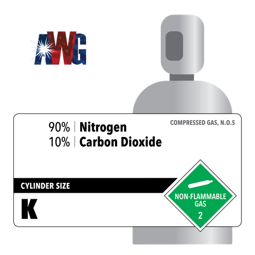 Compressed Mixed 90% Nitrogen, 10% Carbon Dioxide, Size K, High Pressure Steel Cylinder, CGA 580 Valve