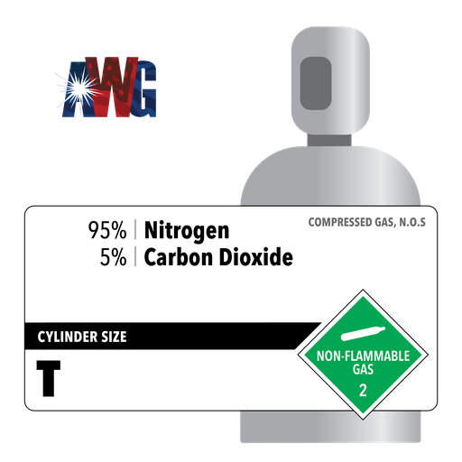 Mixed Nitrogen Gas, 95% Nitrogen, 5% Carbon Dioxide, High Pressure Steel T Cylinder, CGA 580 Threaded Valve