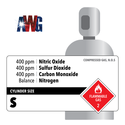 Compressed Specialty Gas, 400 ppm Nitric Oxide, 400 ppm Sulfur Dioxide, 400 ppm Carbon Monoxide, Balance Nitrogen, S, EPA Protocol, 150 cf, High Pressure Aluminum (HPA), CGA 580