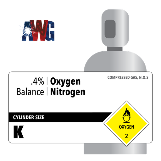 Compressed Mixed Gas, .4% Oxygen, Balance Nitrogen, Certified Standard, Size K High Pressure Steel Cylinder, CGA 580 Valve