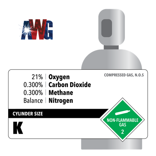 0.300% Carbon Dioxide, 0.300% Methane, 21% Oxygen, Balance Nitrogen, Lung Diffusion, High Pressure Steel K Cylinder, CGA 580 Valve