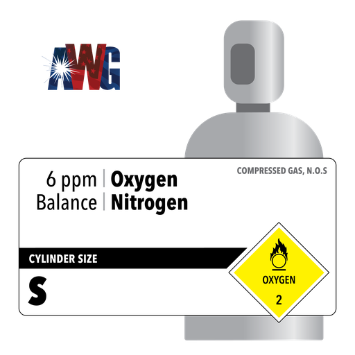 Compressed Specialty Gas, 6 ppm Oxygen, Balance Nitrogen, Certified Standard, Size S High Pressure Aluminum Cylinder, CGA 580 Valve