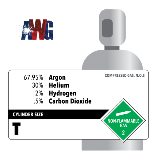 Compressed Mixed Gas, .5% Carbon Dioxide, 2% Hydrogen, 30% Helium, 67.95% Argon, Certified Standard, Size T High Pressure Steel Cylinder, CGA 580 Threaded Valve