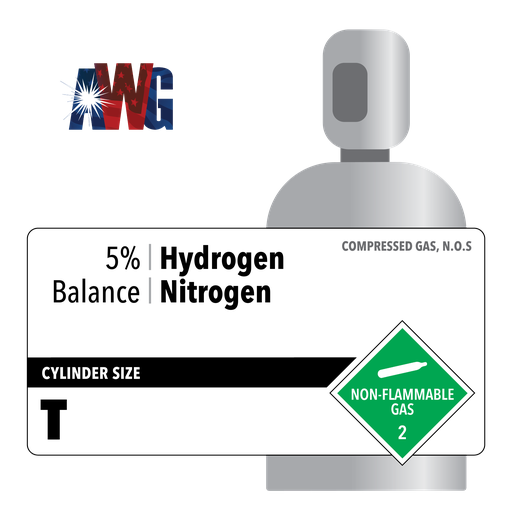 Compressed Mixed, 5% Hydrogen, Balance Nitrogen, Certified Standard, Size T High Pressure Steel Cylinder, CGA 580 Valve