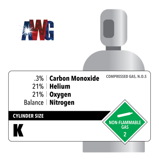 Compressed Specialty Gas, .3% Carbon Monoxide, 21% Helium, 21% Oxygen, Balance Nitrogen, Medical NF, Lung DF, Size K High Pressure Steel Cylinder, CGA 500 Valve