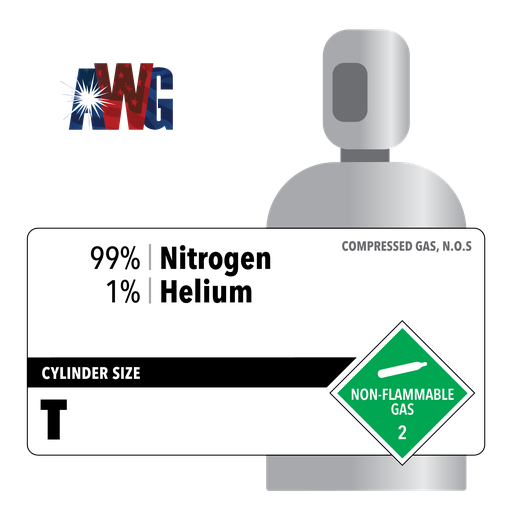 Mixed Nitrogen Gas, 99% Nitrogen, 1% Helium, High Pressure Steel T Cylinder, CGA 580 Threaded Valve