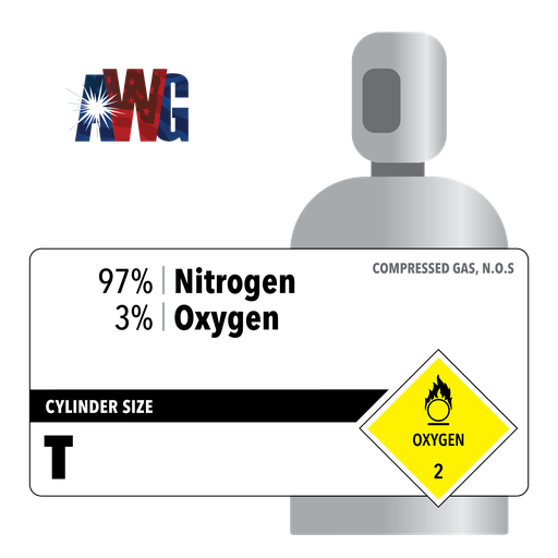 Compressed Mixed, 97% Nitrogen, 3% Oxygen, Size T High Pressure Steel Cylinder, CGA 580 Threaded Valve