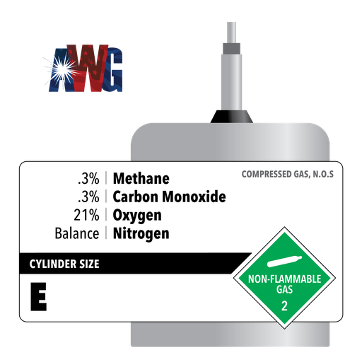Compressed Mixed Gas, .3% Methane, .3% Carbon Monoxide, 21% Oxygen, Balance Nitrogen, Size E High Pressure Steel Cylinder, CGA 973 Valve