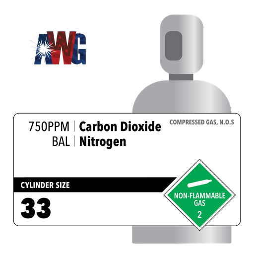 750 ppm Carbon Dioxide, Balance Nitrogen, EPA Protocol, 33 CF, Aluminum Cylinder, CGA 580 Valve