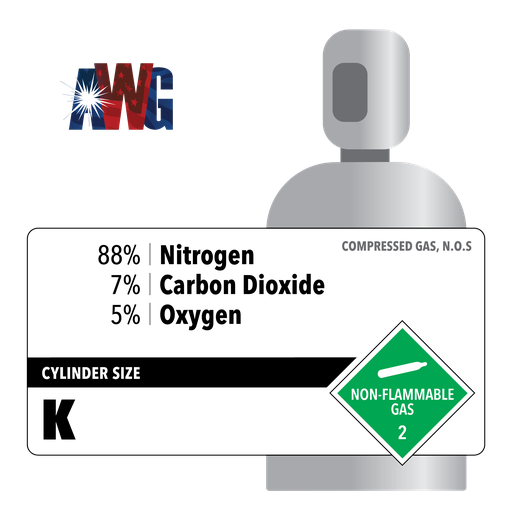 Compressed Mixed Gas, 88% Nitrogen, 7% Carbon Dioxide, 5% Oxygen, Anaerobic, Size K High Pressure Steel Cylinder, CGA 580 Valve