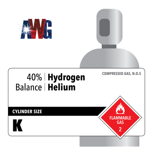 Compressed Mixed Gas, 40% Hydrogen, Balance Helium, Certified Standard, Size K High Pressure Steel Cylinder, CGA 580 Valve