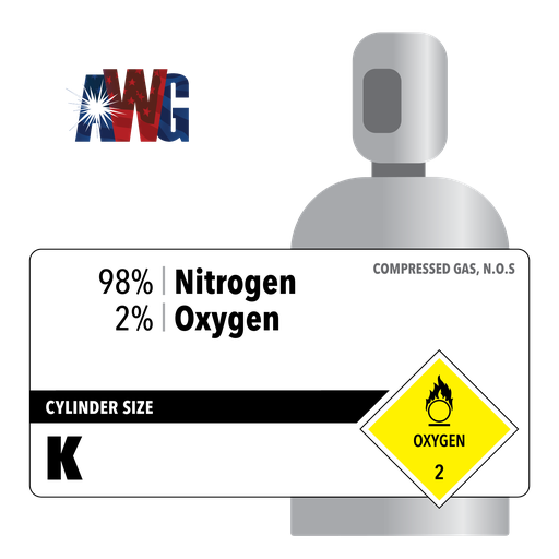 Mixed Nitrogen Gas, 98% Nitrogen, 2% Oxygen, Certified Standard, High Pressure Steel K Cylinder, CGA 580 Valve