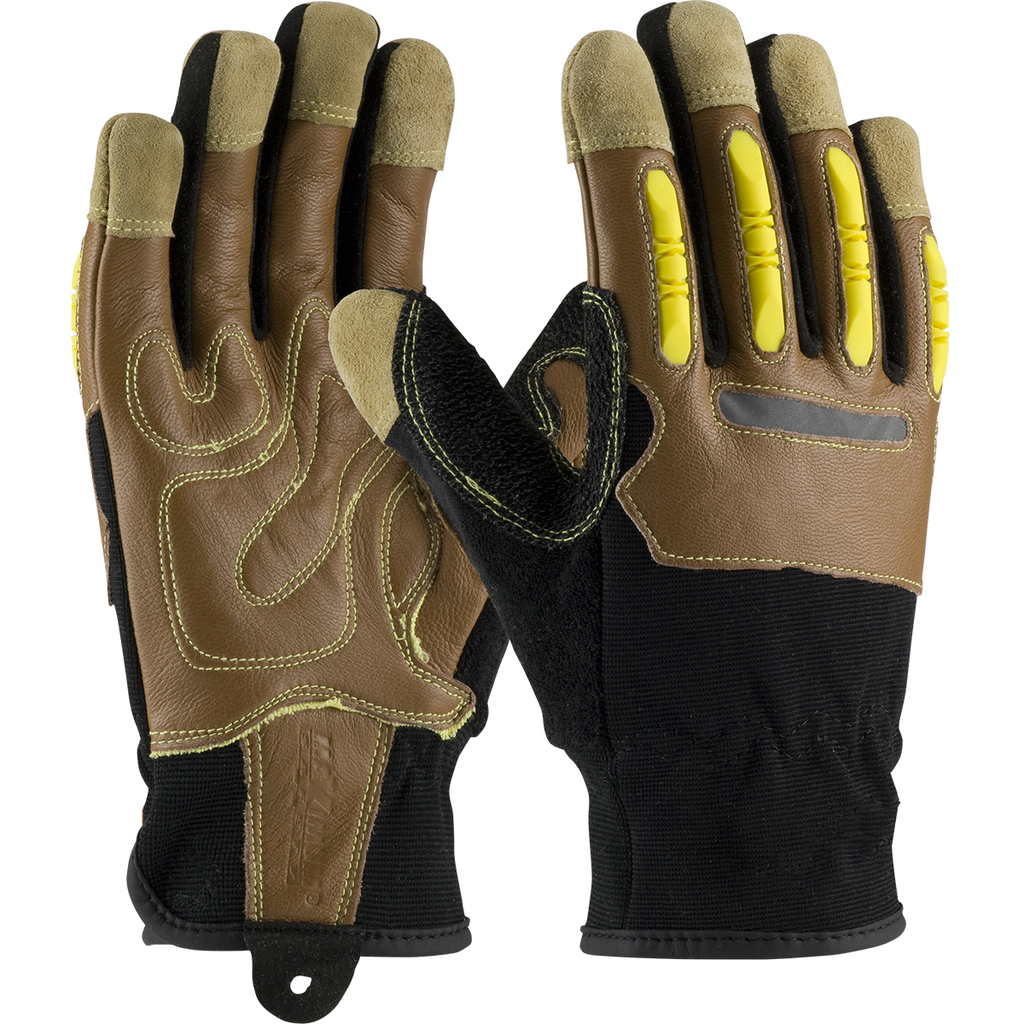 Product image for PIP 120-4100/M Medium Brown/Black Goatskin Leather Grip Reinforced Back Slip-On Cuff Journeyman Gloves
