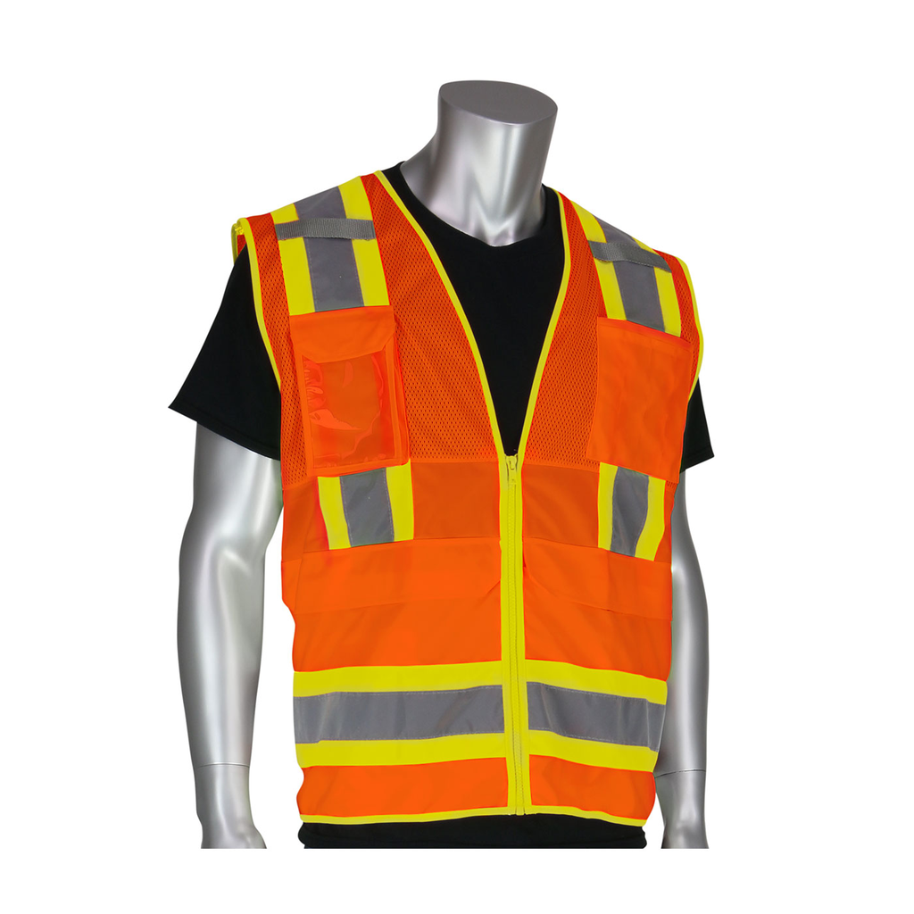 Product image for PIP 302-0700-OR/XL ANSI Type R Class 2 Two-Tone Ten Pocket Surveyors Tech Vest - Hi-Vis Orange, XLarge