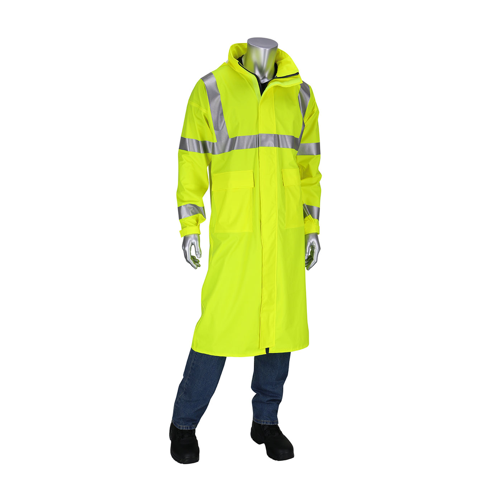 Product image for PIP 355-2505AR-LY/L ARC RATED RAIN COAT PU/COTTON ANSI CLASS 3 ZIP CLOSE VENT BACK FR REFL. TAPE 16 CAL LY