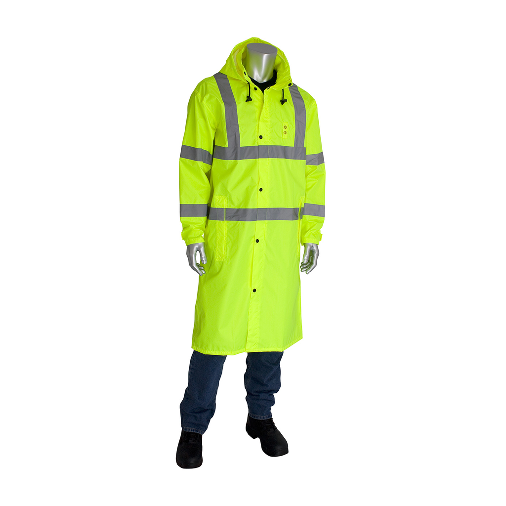 PIP 353-1048-LY/3X ANSI Type R Class 3 Value All Purpose 48" Raincoat - Hi-Vis Yellow, 3XLarge Product image for PIP 353-1048-LY/3X ANSI Type R Class 3 Value All Purpose 48" Raincoat - Hi-Vis Yellow, 3XLarge