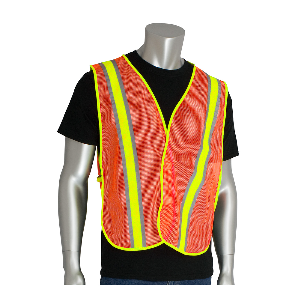 Product image for PIP 300-0900OR NON-ANSI MESH SAFETY VEST, LY, TWO-TONE TAPE, H&L CLOSURE, OSFM LIKELY SUBJECT TO TAX