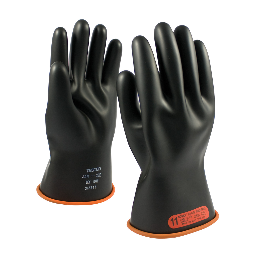 Product image for PIP 155-0-11/10 NOVAX® Rubber Electrical Insulating Gloves, Class 0, 11", Straight Cuff, Black/Orange - Size 10
