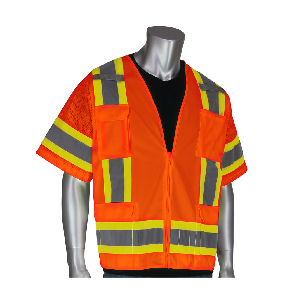 Product image for PIP 303-0500-OR/3X ANSI Type R Class 3 Two-Tone Surveyor Eleven Pocket Vest - Hi-Vis Orange, 3XLarge