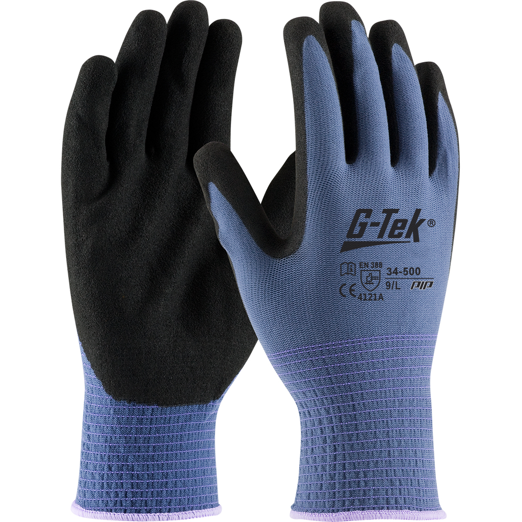 Product image for PIP 34-500/S G-TEK GP, 13G BLUE NYLON SHELL, BLACK NITRILE MICROSURFACE GRIP LIKELY SUBJECT TO TAX
