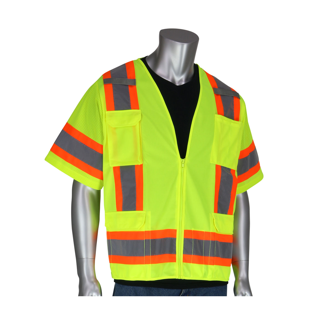 Product image for PIP 303-0500-LY/4X ANSI Type R Class 3 Two-Tone Surveyor Eleven Pocket Vest - Hi-Vis Yellow, 4XLarge