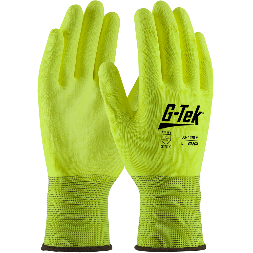 Product image for PIP 33-425LY/L G-Tek Hi-Vis Yellow Urethane Coated Palm and Fingers on Seamless Knit Nylon Purchased per Dozen Gloves