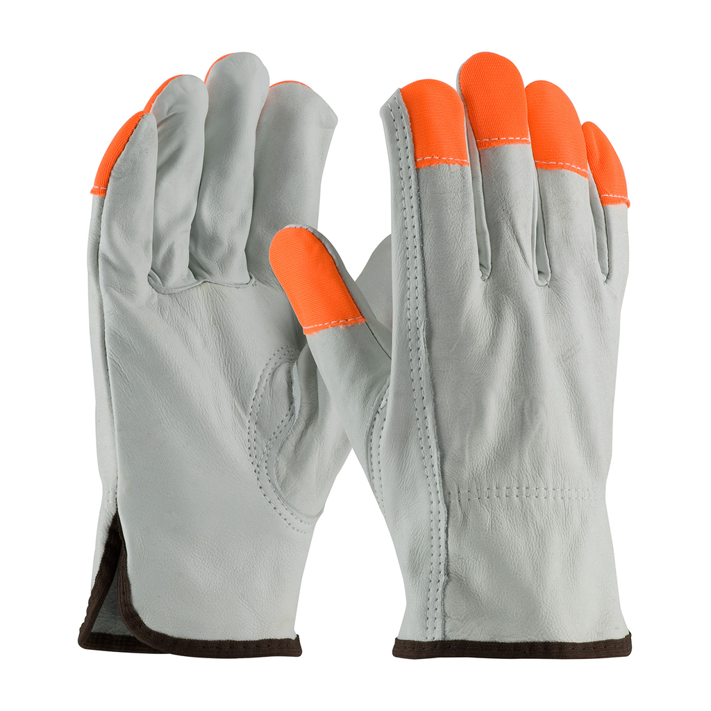 Product image for PIP 68-163HV/L TG COWHIDE, REGULAR GRADE, HI-VIS ORANGE FINGERTIPS, KEYSTONE THUMB LIKELY SUBJECT TO TAX