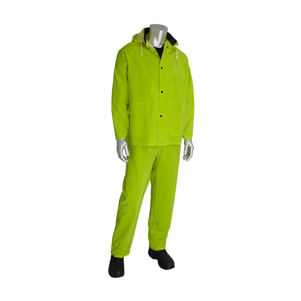 Product image for PIP 201-355X4 RAINSUIT 3PC. .35MM PVC/POLYESTER, HOOD, CORDUROY COLLAR, HI VIS LY LIKELY SUBJECT TO TAX