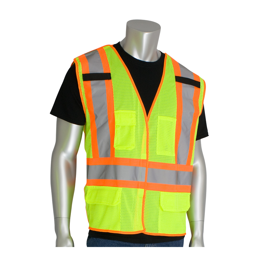 Product image for PIP 302-0212-LY/M CLASS 2 MESH BREAKAWAY VEST 5 POCKETS HL CLOSURE MIC TABS LY