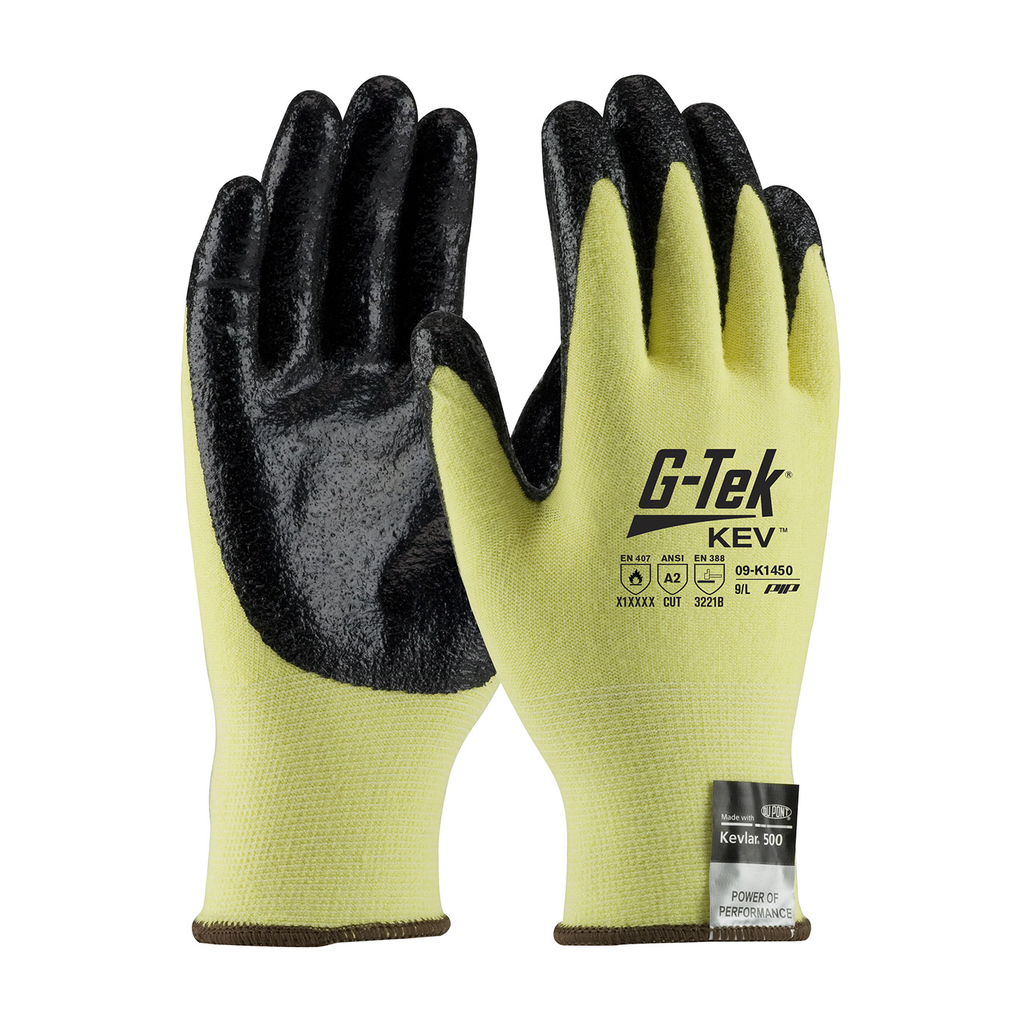 Product image for PIP 09-K1450/M G-TEK KEV, YELLOW 13G KEVLAR/LYCRA SHELL, BLACK NITRILE SMOOTH GRIP A2 LIKELY SUBJECT TO TAX