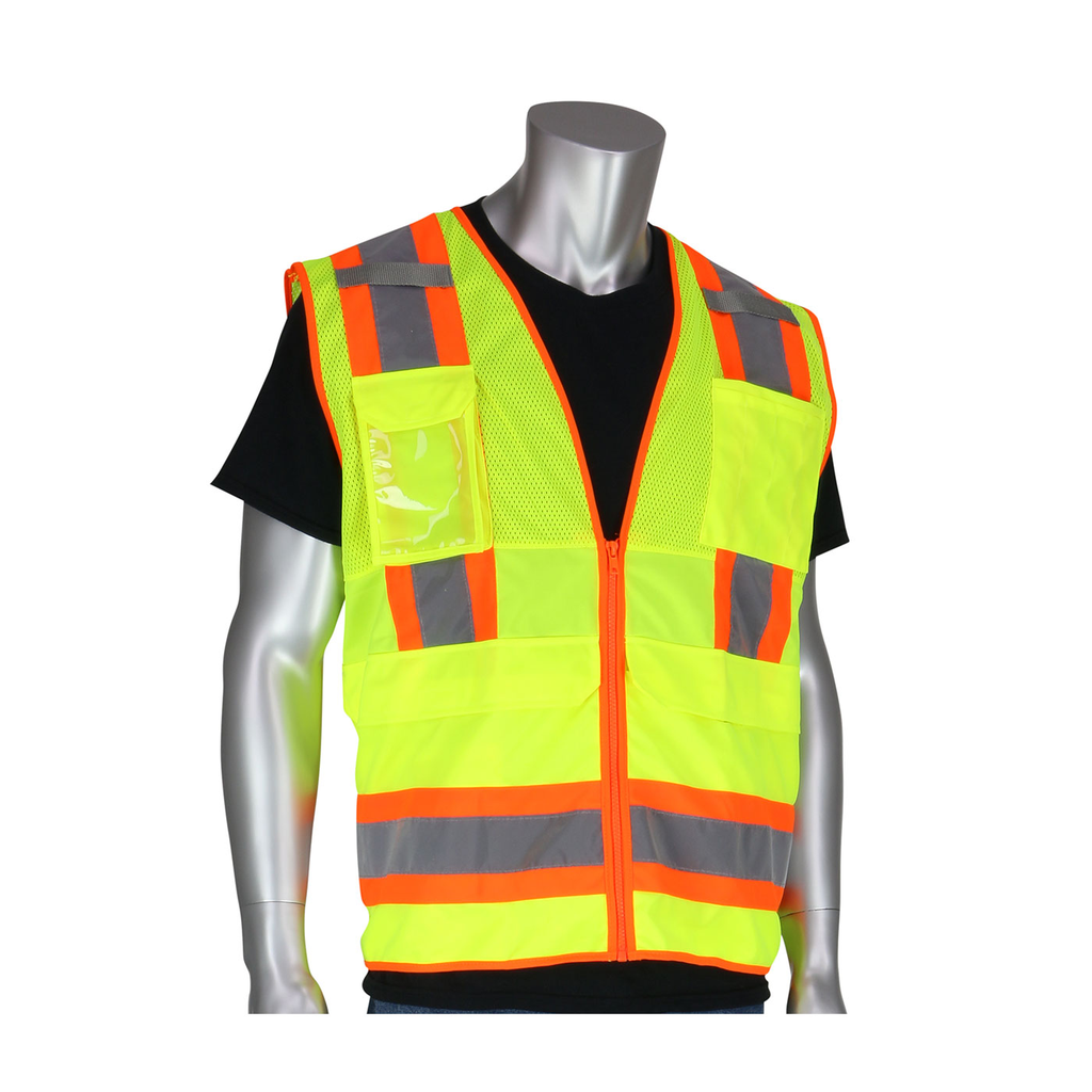 Product image for PIP 302-0700-LY/3X ANSI Type R Class 2 Two-Tone Ten Pocket Surveyors Tech Vest - Hi-Vis Yellow, 3XLarge