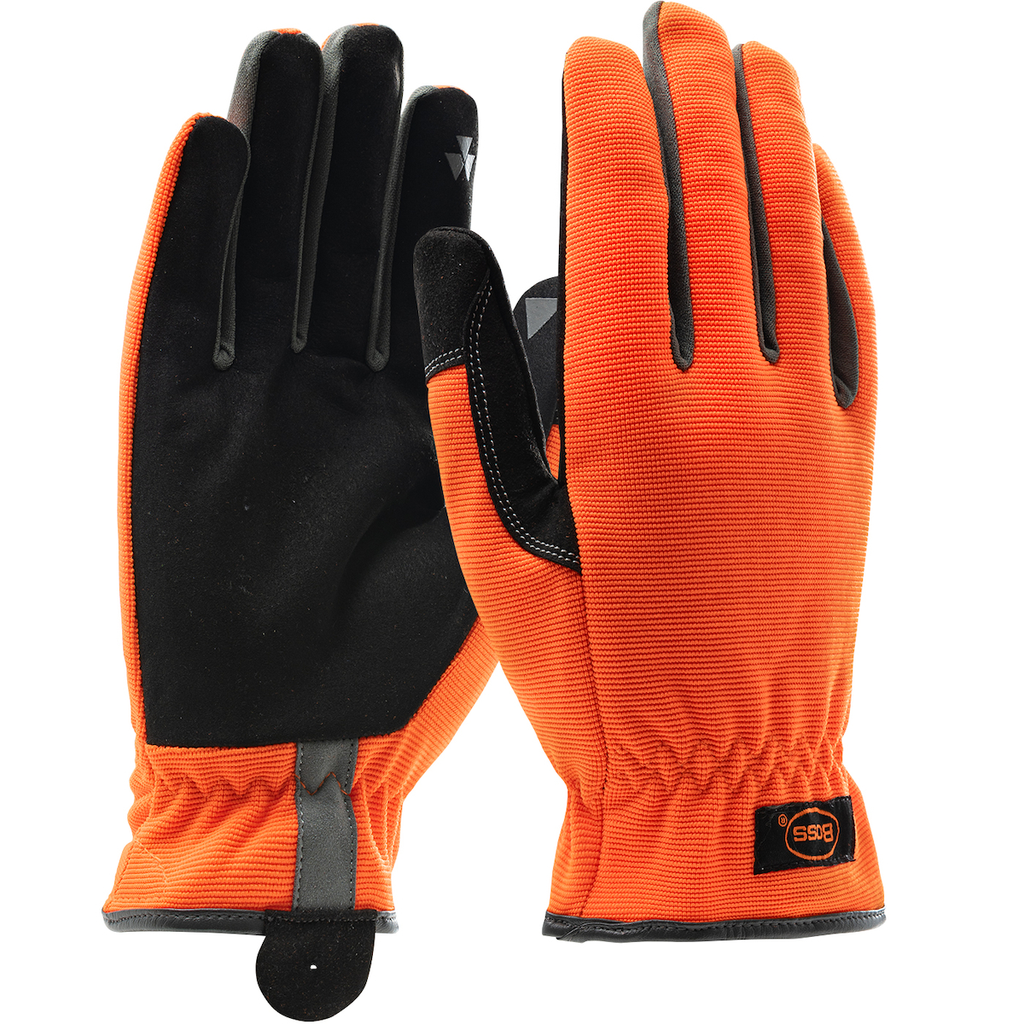 Product image for PIP 120-4600/XL MAXIMUM SAFETY , VIZ, PROFESSIONAL WORKMANS GLOVE, BLACK SYNTHETIC LEATHER PALM, HI-VIS ORANGE BACK,