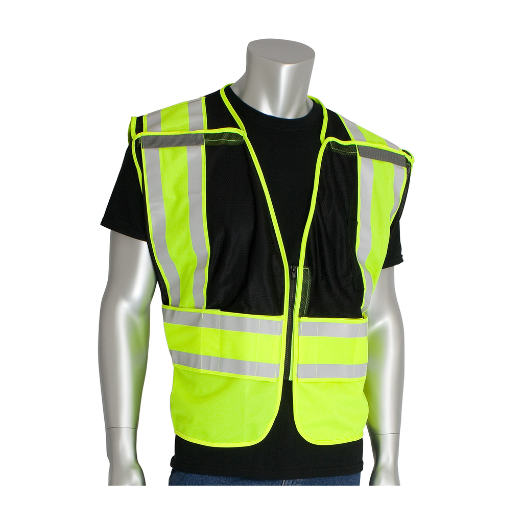 Product image for PIP 302-PSV-BLK-NL-M/XL ANSI 207 PSV VEST, NO LOGO, BRKWY, ZIPPER CLOSURE, 2X1IN. REFLEC. BLK LIKELY SUBJECT TO TAX