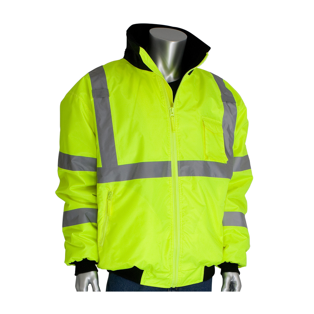 Product image for PIP 333-1762-LY/L ANSI Type R Class 3 Value Bomber Jacket w/ Zip-Out Fleece Liner - Hi-Vis Yellow, Large