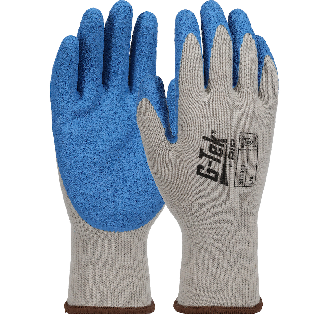 Product image for PIP` 39-1310/L G-TEK CL ECONOMY GRADE BLUE LATEX CRINKLE GRIP GRAY COTTON/POLYESTER SHELL