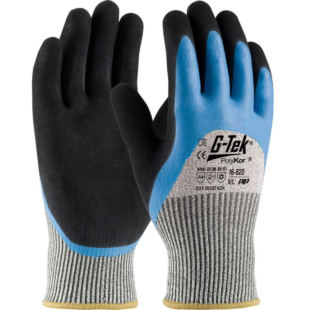 Product image for PIP 16-820/L Seamless Knit PolyKor&#174; Blended Glove w/ Acrylic Lining and Double-Dipped Latex Coated MicroSurface Grip on Palm, Fingers Knuckles - Large