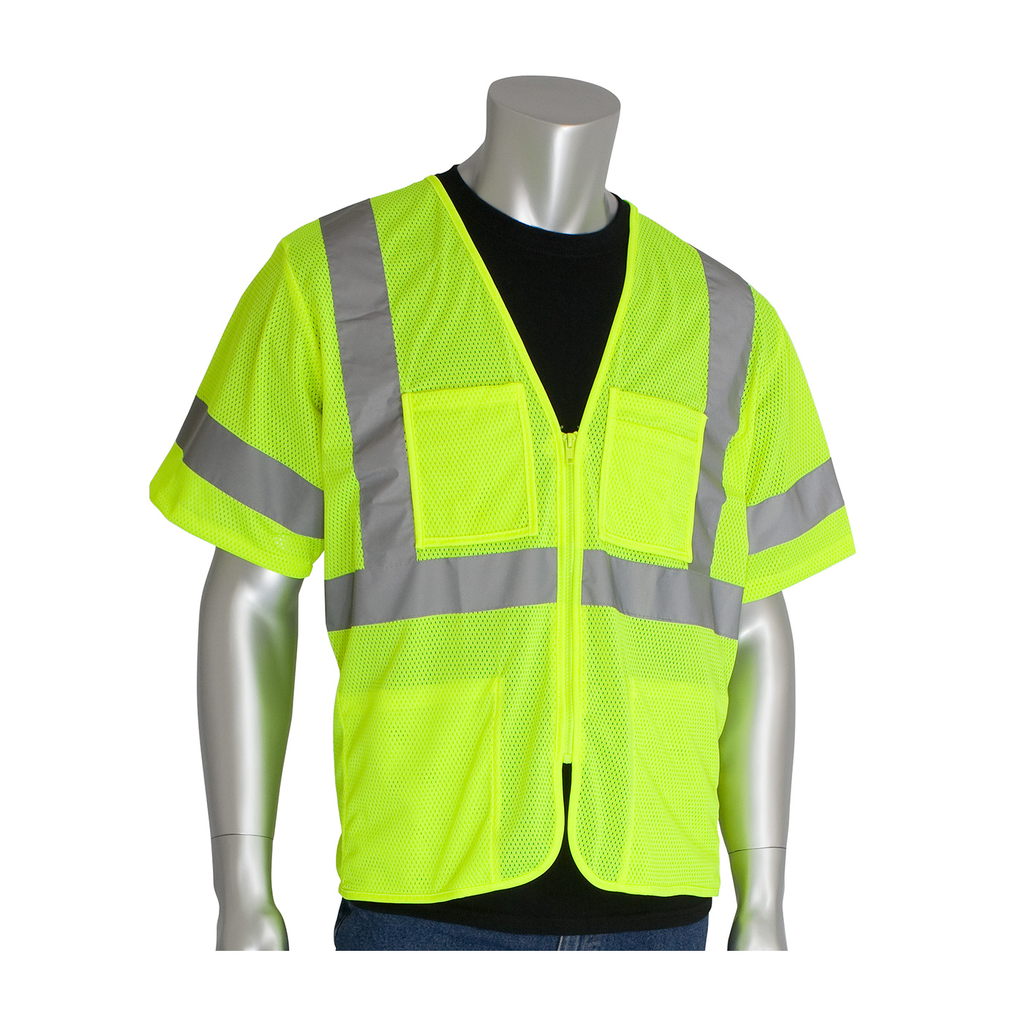 Product image for PIP 303-MVGZ4P-LY/4X 4-Extra Large Lime Yellow Mesh Fabric Zipper Closure Everyday Value Safety Vest